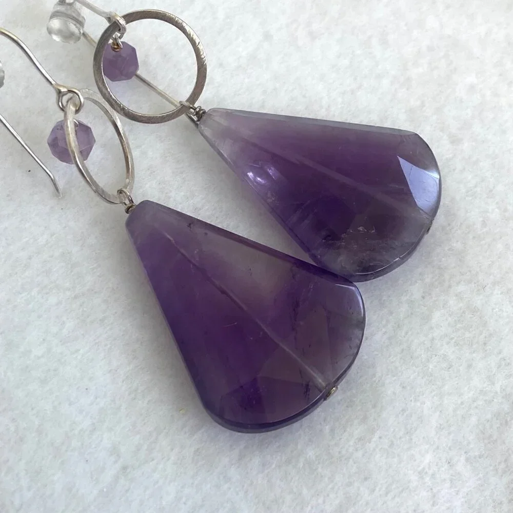 Deb Guyot Sterling Silver 925 Chunky Faceted Teardrop Amethyst Dangle Earrings